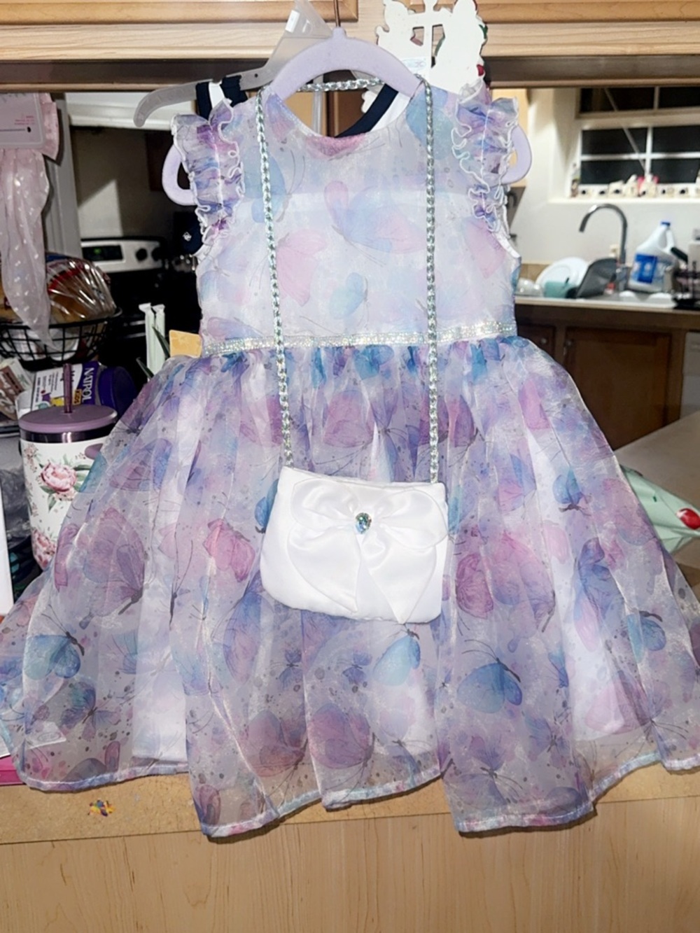 Girls Pastel Butterfly Party Dress with White Bow Purse